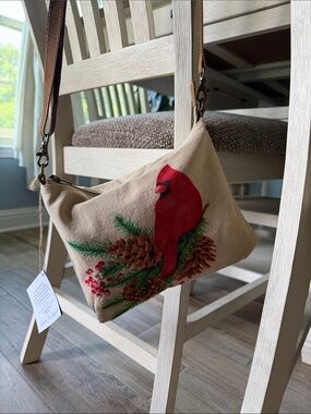 Canvas Crossbody Bag with Red Cardinal Print - Neutral